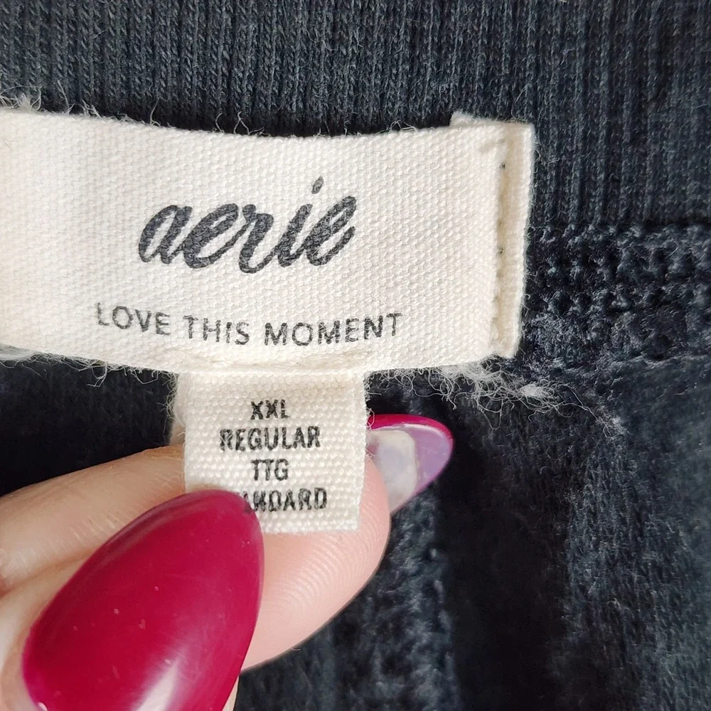 Aerie Lounge Pants Mens 2XL Black Wide Leg Textured Terry Drawstring Pajamas